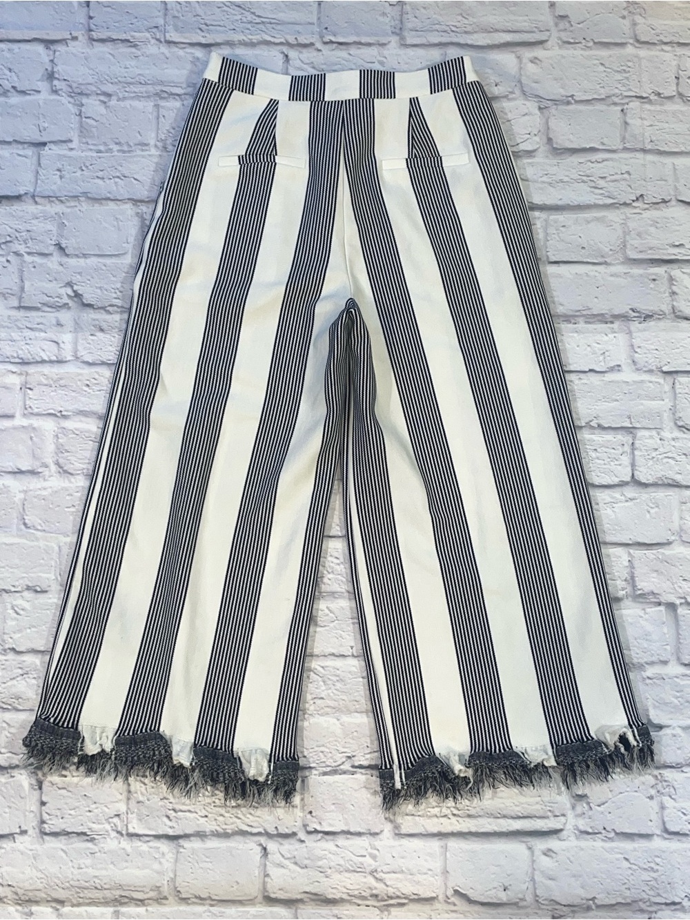 English Factory Stripe Fringe Hem Wide Leg Crop Pants. Medium - Picture 2 of 7